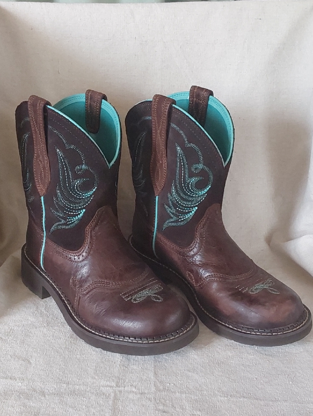 Ariat Fat Babies Brown Leather Cowgirl Heeled Boots with Teal Stitching